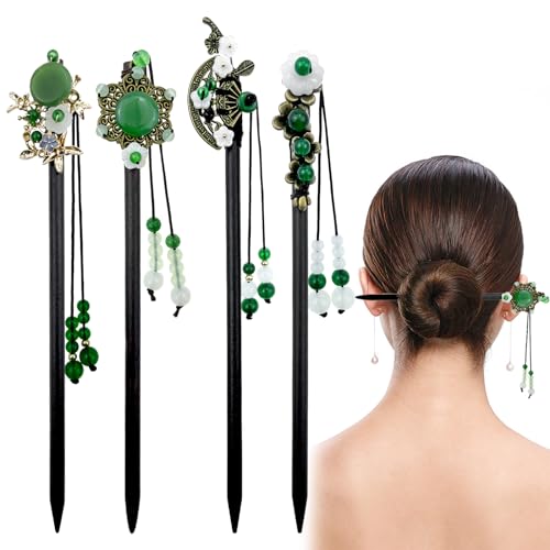 4 Pack Chinese Hair Stick for Buns Chinese Green Beads Flowers Hair Chopsticks Elegant Vintage...