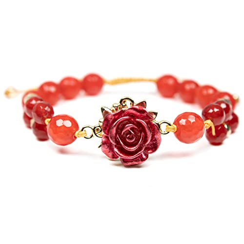 Red Jade Bracelet with Rose Flower Charm Handcrafted