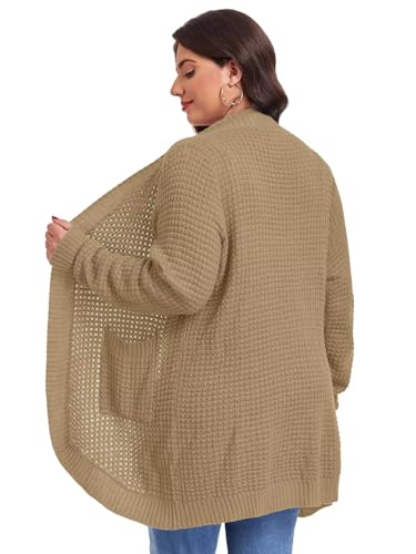 Image of LARACE Long Cardigans for Women Plus Size Tops Open Front Sweaters with Pockets Waffle Ribbed Sleeve Loose Fall Outwear