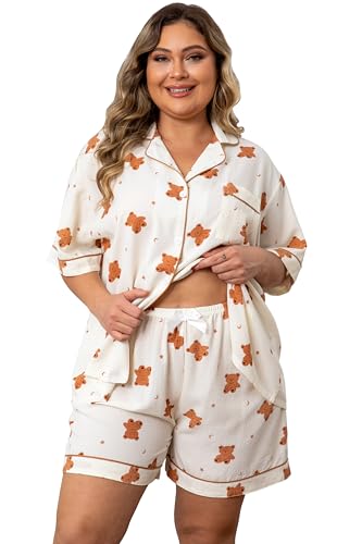 Vozanet Women Pajama Shorts Sets Button Down Lounge Sets Plus Size Summer Sleepwear Texture Printed Cute 2pcs Nighty