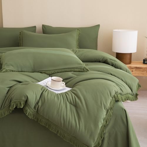 Image of Andency Full Size Comforter Set with Sheets Olive Green -7 Pieces Bed in a Bag Boho Tassel Bedding Sets, All Season Fringe Bed Set with Comforter, Sheets, Pillowcases & Shams