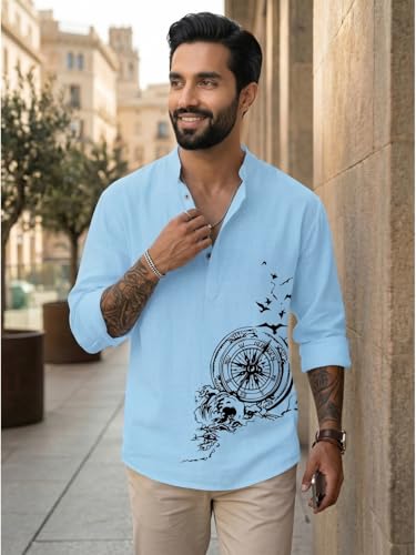 Image of DEELMO Men's Cotton Blend Mandarin Collar Self One Design Full Sleeve Casual Short Kurta