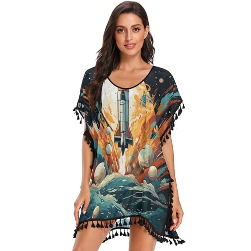 Moon Space Rocket Abstract Art Women's Beach Cover Up Chiffon Tassel Swimwear Swimsuit Coverups for Girl