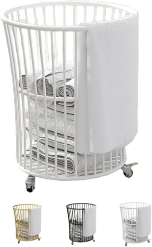 AOBOPOランドリーバスケット 金属製で耐久性抜群 ホイール付きで移動自在 ラウンド形状の洗濯かご(洗濯カゴ) 大容量設計で衣類をまとめ収納 多機能で雑貨整理にも活用 家庭用に最適 洗面所・洗濯室・浴室・ランドリールームで活躍 金属ランドリーバスケット