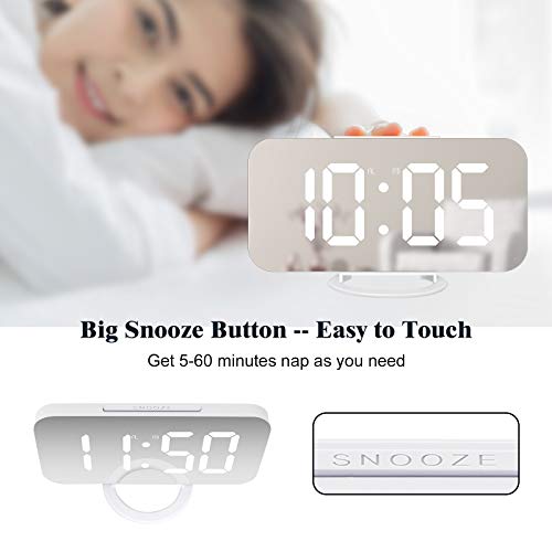 Image of Digital Alarm Clock,Lamisola Large LED Mirror Display, 2 USB Charging Ports,Auto Dim Mode,Modern Design Clock for Bedroom Office, White
