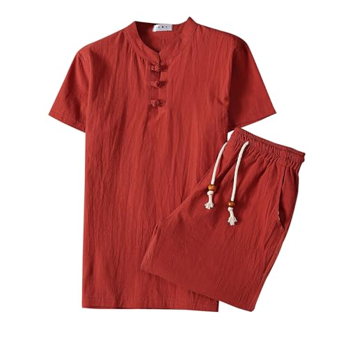 Men's Cotton Linen 2 Piece Outfits Mock Neck Short Sleeve Button Down Shirt and Shorts Set Summer Casual Beach Sets