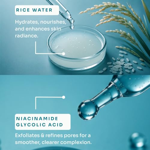 Image of Kitcoz 5% Niacinamide and 8% Glycolic Acid Face Toner with Rice Water 150ml | Alcohol Free with Sake Ferment, Licorice and Aloe. For pores, texture and hydration. All skin types, AM and PM.