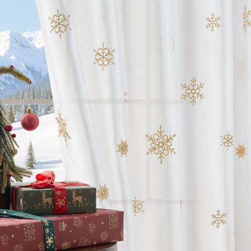 jinchan Embroidered Curtains Sheer Christmas Curtains Off White Snowflake Voile 96 Inch Length Rod Pocket Xmas Decor Winter Holiday Window Decorations Living Room Bedroom 2 Panels Set by jinchan - Used condition - US$7.48