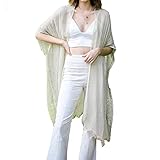 Womens Open Weave Sequin Border Trim Kimono Cardigan (Natural)