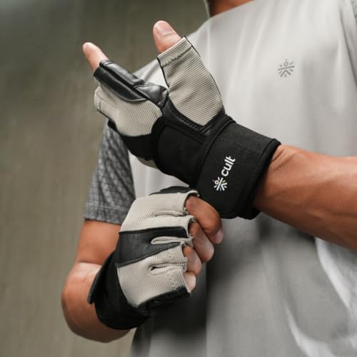 Image of CULT Fitness Training Gloves for Men & Women - Premium Grip Unisex Workout Gloves with Breathable Lycra & Half-Finger Design - Durable, Anti-Slip, Sweat-Absorbent Gym Gloves - Beige