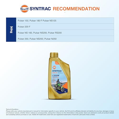 Image of Gulf SYNTRAC 20W-50 4T API SP, JASO MA2 | Ester Technology | 2 Wheeler Bike Advanced 100% Full-Synthetic Engine Oil [1 L] - Pack of 1