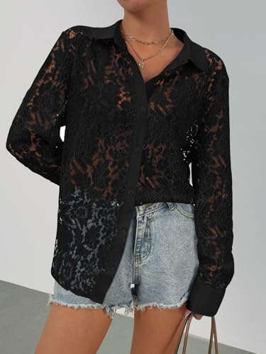 MEROKEETY Women's Lace Long Sleeve Tops Dressy Casual Blouse Button Down Sheer Elegant Summer Shirts