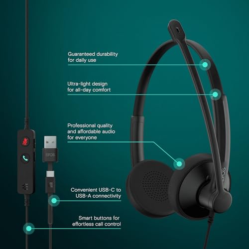 Image of EPOS Impact 100 UC Stereo USB-C+A Headset with Microphone, Universal Communications, Noise-Cancelling Mic, Lightweight, Call Control, USB Adapter, Soft Earpads, Professional Business Use