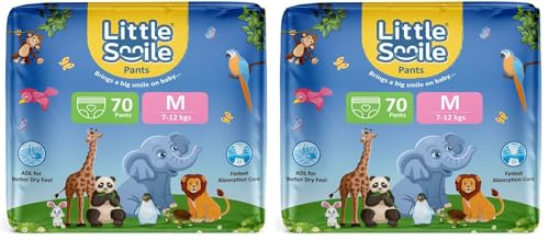 Image of Baby Diapers Pant Style | Medium (M) Size | Ideal for 7-12 Kgs Baby | 70 Count- Odorless and Antibacterial Layer with Urine Indicator (Pack of 2)