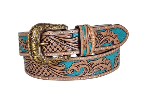 Western Leather Belt Tooled Belt with Removable Buckle Turquoise 30HQ001