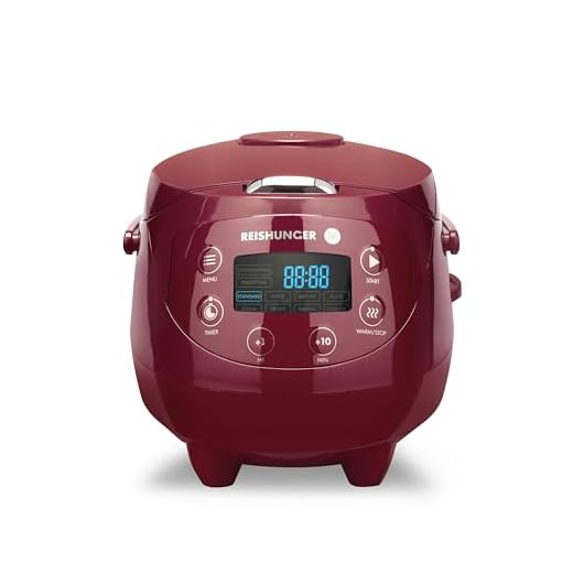 REISHUNGER Petit cuiseur à riz numérique, bordeaux, 0,6 l à 3 personnes, fonction maintien au chaud, minuterie et casserole de qualité supérieure, petit multicuiseur et cuiseur vapeur, 8 programmes