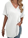 Remidoo Women's Side Slit Tunic Tops Rolled Short Sleeve V Neck Tee Loose Fit Long T Shirt White Large