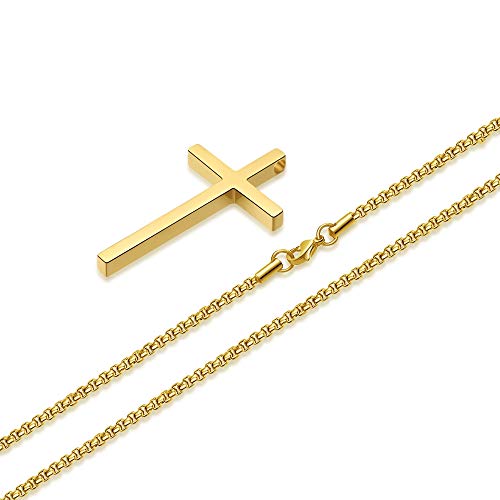 Image of M MOOHAM Cross Necklace for Men, Silver Black Gold Stainless Steel Plain Cross Pendant Necklace for Men Box Chain 16-30 Inch