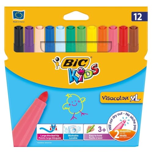 BIC Ecriture Kids Visacolor XL Feutres de Coloriage à Pointe Large - Couleurs Assorties, Etui Carton de 12