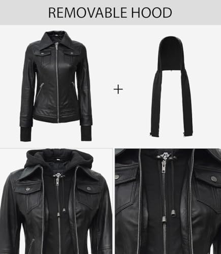 Blingsoul Leather Bomber Jacket Women - Real Lambskin Womens Leather Jackets with Removable Hood3