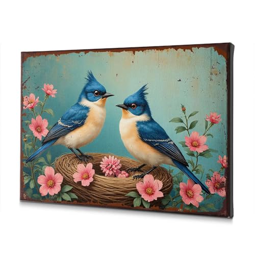 Toile oiseaux bleus déco murale nature tableau fleurs roses salle de bain 20x30