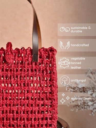 Image of KADAM HAAT Women Handmade Sabai Grass Lunch Bag, Eco-Friendly, Handcrafted, Non-Plastic Lunch Container, Red (Surkhi, Large)