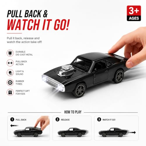 Image of 1970 Dodge Charger Fast & Furious - 1:36 Scale Die-Cast Alloy Toy Car for Kids | Pull-Back Model with Openable Doors, LED Lights & Engine Sounds (Black)