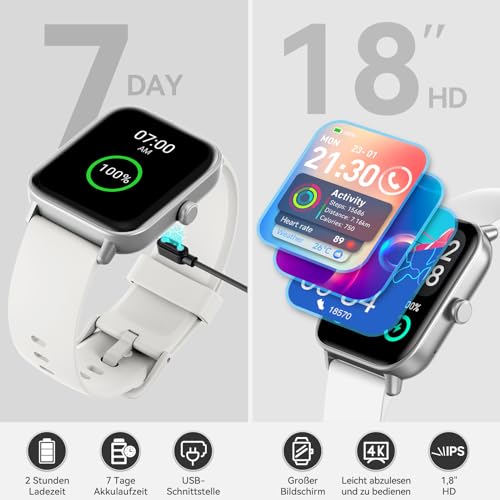 Smartwatch Herren mit Telefonfunktion,1,8' Fitnessuhr Damen mit Herzfrequenz SpO2 Stress...