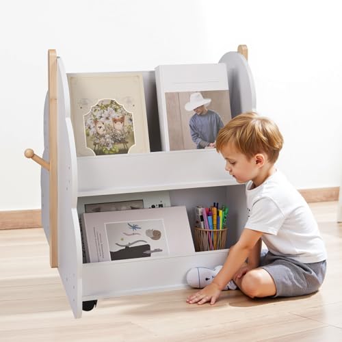 Supfine - Estantería infantil de madera con 4 ruedas universales, organizador de 3 niveles para libros de juguetes (blanco con ruedas, 50 x 54 x 61 cm)