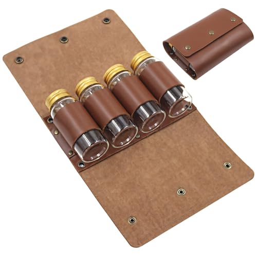 Vestamore Bolsa organizadora de especias compacta de piel sintética con 4 botellas de especias para aventuras al aire libre como barbacoas y senderismo