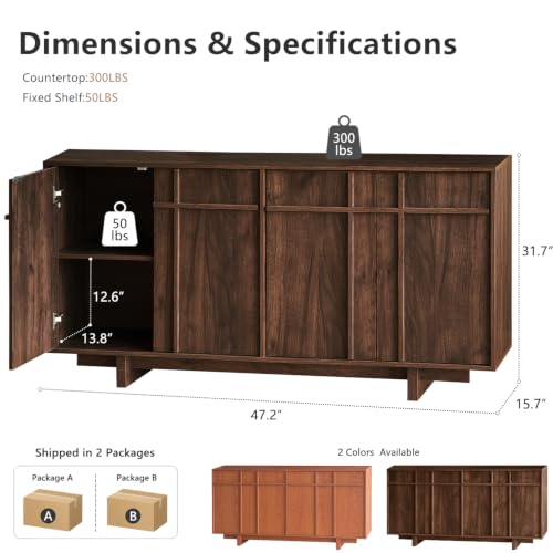 Image of Sideboard Buffet Cabinet with Storage, Mid Century Modern Accent Cabinet with Skeleton Line & Wood Grain Texture,Minimalist Geometric Credenza for Living Room, Kitchen and Entryway, Walnut
