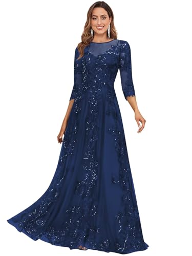 Women's Lace Appliques Mother of The Bride Dresses with 3/4 Sleeves Scoop Neck Beaded Formal Evening Gown