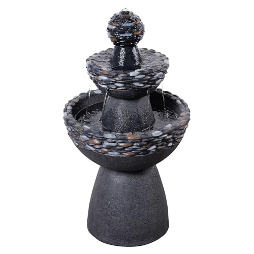 Teamson Home Garden Outdoor Water Feature 3-Tier Pedestal Water Fountain Dark Grey Stone Finish