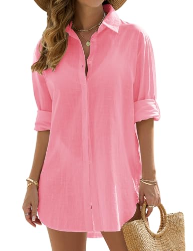 Vancavoo Strandkleid Damen Sommer Strandbluse Strandhemd V-Ausschnitt Strandtunika Lose Button-Down Strandponcho Longbluse Bikini Cover Up,Rosa,L