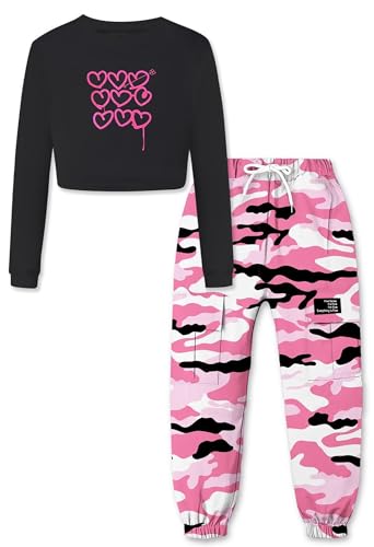 Image of SANGTREE Girls Fall Winter Clothing Sets, Girls Long Sleeve Crop Top and Cargo Jogger Pants Outfit Set,4T-14 Years