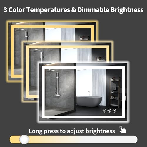 Image of Koonmi 36x55 LED Bathroom Mirror, Backlit + Front Lit, LED Bathroom Mirror with Lights for Wall, 3 Colors, Anti-Fog, Dimmable Brightness, Memory Function, Tempered Glass
