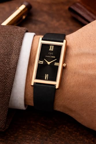 Image of CHARLIEKEEN Rectangular Wristwatch, Black Dial with Rose Gold Roman Numerals, Silicone Strap, Elegant Style