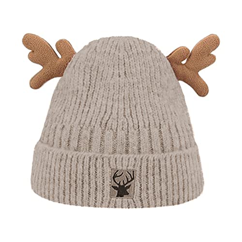 RARITYUS Women Warm Hat Cute Reindeer Antlers Knitted Winter Hats Crochet Earflap Knit Cap Beanie for Adults Beige