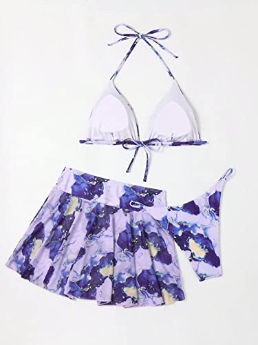 WDIRARA Women's 3 Piece Halter Triangle Bikini Marble Print Swimsuits and Coverup Skirt2