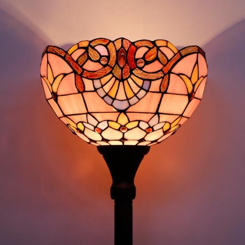 Image of 12 Inch Tiffany Lamp shade Replacement Only(Pink Baroque) | Stained Glass Lampshade Only 1-5 /8-Inch Fitter Opening for Arched Floor Lamp, Torchiere Lamp, Pendant Light