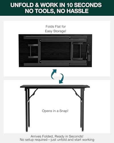 Image of Frylr Small Folding Computer Desk - 43.3 Inch Portable Table for Craft and Study, Lightweight Desk for Small Spaces, Foldable Laptop Table Built-in AC /USB Outlets for Convenience, Dark Oak