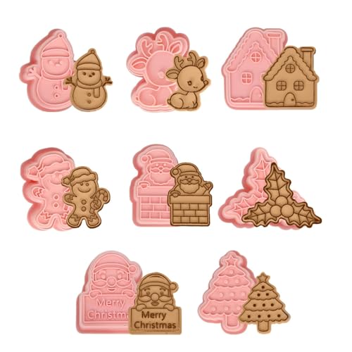 CONGGUAN Christmas 3D Cookie Cutter Stamp Set 8pcs Festive Biscuit Moulds with Santa/Reindeer/Tree Designs Fondant Press Tool for Baking Cake Decorating Xmas Party DIY