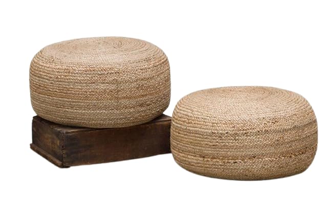 Image of Cotton Dori Ottoman Pouf for Seating|Cotton Dori Pouffe for Footrest Filled with Bean Balls|Ottoman Pouf Stools for Living Roombedroom, 50D x 50W x 25H Centimeters Beige
