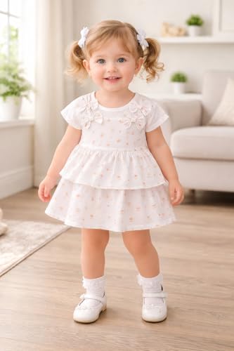 Image of Bold N Elegant Baby Girl Cotton Summer Dress Frock with Cherry Print n Bow | Short Sleeve Casual Outfit for Infant Toddler Girls