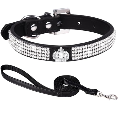 Suiecuor collare cane taglia piccola, collar strass cane collare e guinzaglio collar cane pelle collare per cani regolabile per cani di piccola media e grande taglia Corona Nero M