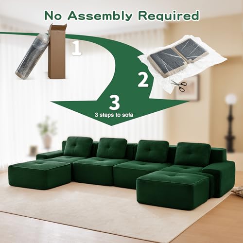 Image of 153 inch U-Shaped 4-Seater Modular Boneless Couch with 2 Ottomans, Premium Corduroy Upholstery, Deep Seat Cloud sectional Sofa, No Assembly Anti-Slip Design, Green