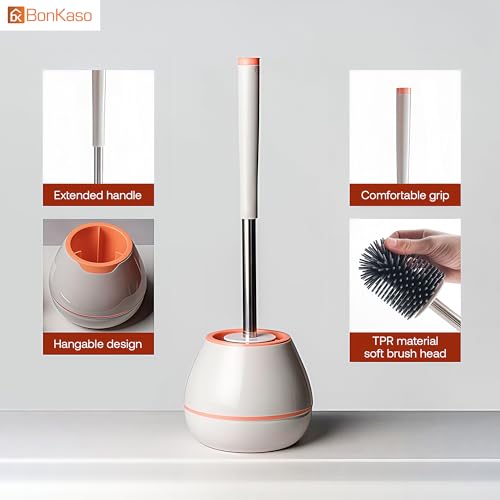 Image of BonKaso Tracy Toilet Brush with PP Bristle Head & Holder for Bathroom Cleaning | Ergonomic Handle Toilet Brush with Anti-Slip Grip | Compact, Durable & Stylish Bathroom Cleaner - Grey & Orange