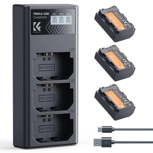 K&F CONCEPT 3-Pack NP-FZ100 Battery and Charger A7iv Battery with Triple Slot Charger Compatible With Sony A7iii FX3 FX30 ZV-E1 ZV-E10 ii A7C A7R3 A7R4 A9 A6600