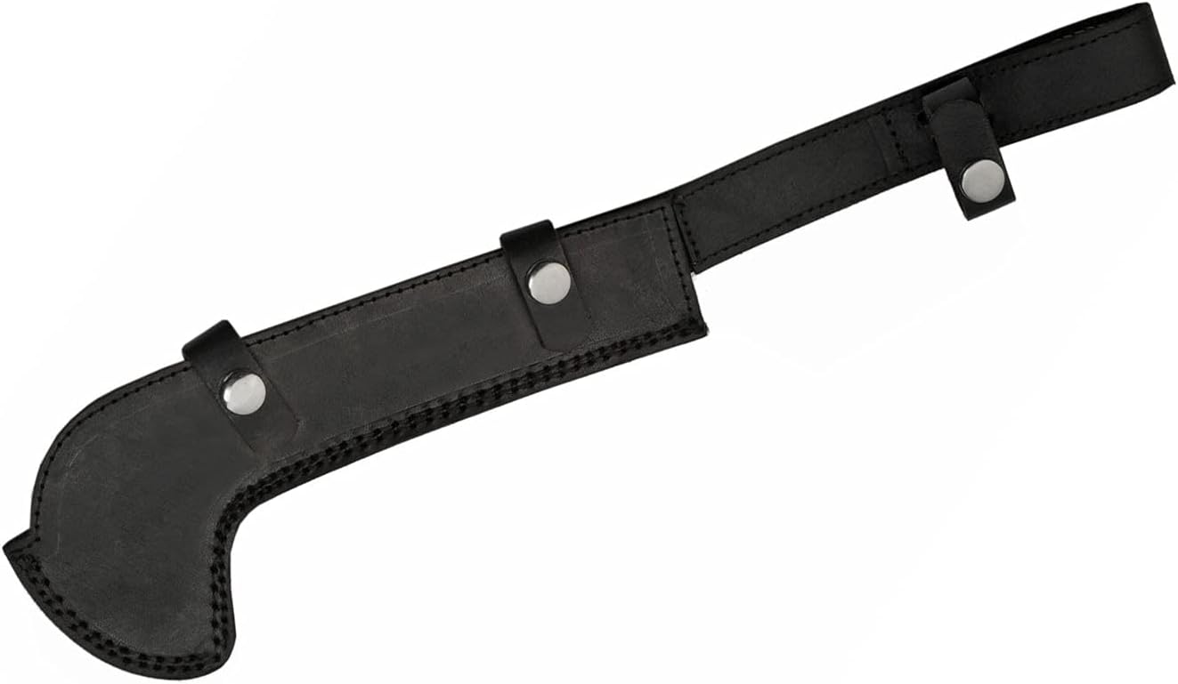 16" Billhook Machete EDC Hunting Camping Harvesting Machete Knife Full Tang Curved Carbon Steel Blade Wooden Handle with Steel Pins and a Black Leather Sheath