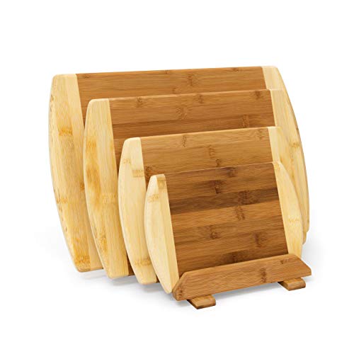 Relaxdays, diseño Elegante, 28 x 44 x 30 cm, 4 Kg Set 4 Tablas de Cortar Bambú, con Soporte, Tableros Carne, Varios Tamaños, Reversibles, Madera, Marrón Natural